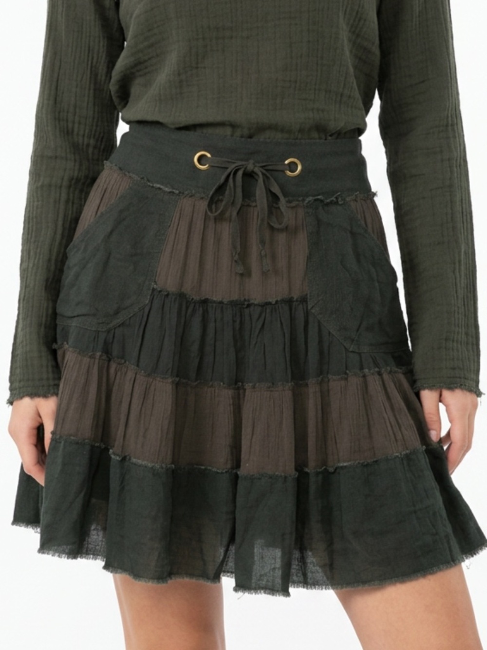 FREE PEOPLE • Olive Tiered Gauze Boho Skirt Raw Edge Drawstring Women’s M/L